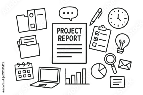 Project Report Doodle. Hand-drawn doodle illustration Project report [document, folder, binder, checklist, pen, paper stack, calendar, laptop, bar chart, pie