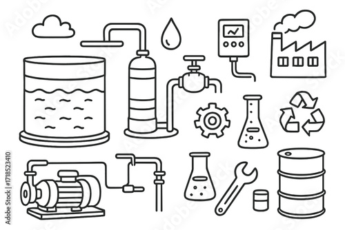 Industrial Water Treatment Doodles. Hand-drawn doodle illustration industrial water treatment unit water tank, filtration system, pump, pipe, droplet, valve,