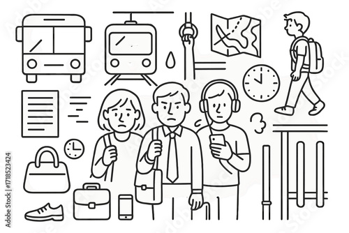 Rush Hour Chaos. Hand-drawn doodle illustration Crowded rush hour commute [bus, subway, passengers, standing person, backpack, bag, briefcase, phone,