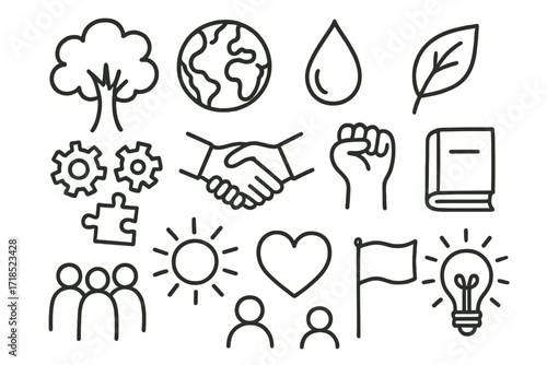 Sustainability Icons. Hand-drawn doodle illustration sustainability and social change tree, globe, water droplet, leaf, gears, puzzle piece, star, handshake,