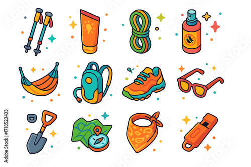 Colorful Adventure Gear Icons. Colorful isometric vector icons set of summer adventure gear: trekking poles, sunblock tube, climbing rope, insect repellent