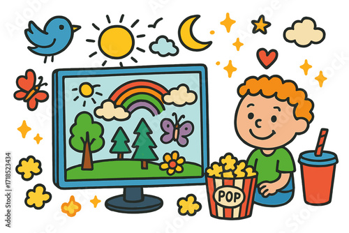 Nature Show Doodle Art. Colorful Hand-drawn doodle Children illustration Streaming Nature Shows TV screen, forest, rainbow, tree, flower, butterfly, bird, sun,