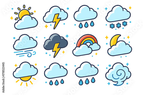 Colorful Weather Icons. Colorful isometric vector icons set of weather and cloud effects: sunny cloud, lightning bolt cloud, rainy cloud, snow cloud, windy