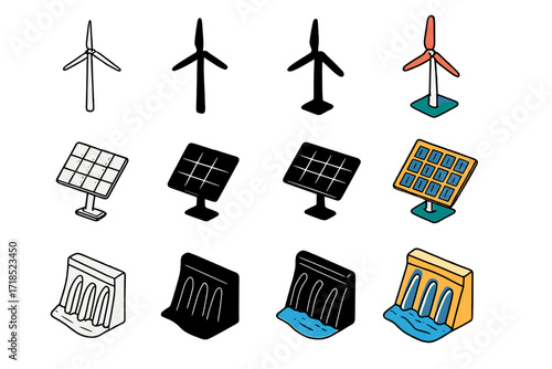 Renewable Energy Icons. Icon Set of Renewable Energy: Wind turbine, Solar panel, Hydro dam. Icons set in vector style, emblematic variations. Wind turbine
