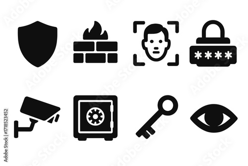 Security Icons Grid. Solid, filled icon set of privacy and security: shield, firewall, biometric scan, password lock, security camera, safe, encryption key,