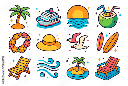 Tropical Cruise Icons. Colorful isometric vector icons set of tropical sunset cruises: palm tree silhouette, cruise ship, glowing sunset, orange sky, chilled