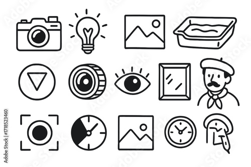 Photography Icons Doodle. Hand-drawn doodle illustration black and white photography camera, grayscale icon, lightbulb, photo paper, darkroom tray, filter