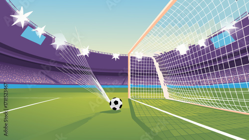 Dynamic Illustrated Football Goal Scoring Scene in Stadium, Soccer Ball Action