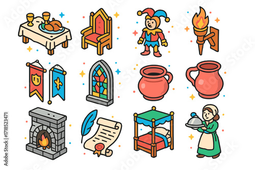 Medieval Castle Icons. Colorful isometric vector icons set of Medieval castle life: banquet table, royal throne, court jester, torch sconce, hanging