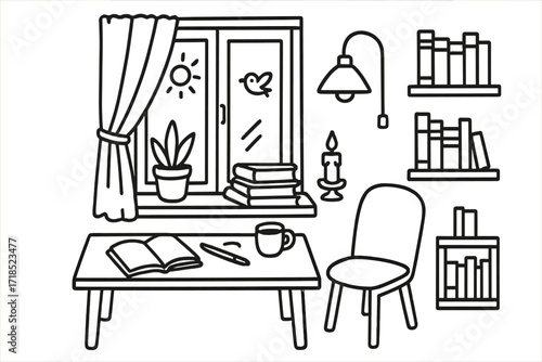 Library Window Doodle. Hand-drawn doodle illustration [Library window sill] [window, potted plant, books, candle, notebook, pen, cup, curtain, lamp, chair,