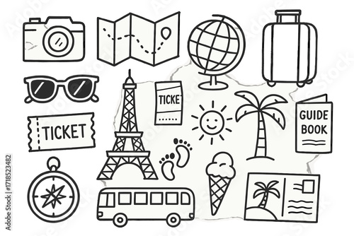 Travel Essentials Sketch. Hand-drawn doodle illustration Tourist Site [camera, map, globe, suitcase, sunglasses, ticket, guidebook, landmark building, palm