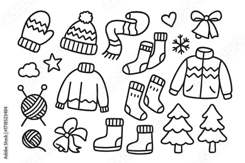 Winter Knitted Doodles. Hand-drawn doodle illustration Warm knitted gear mitten, knit hat, scarf, sock, wool yarn ball, knitting needles, star,