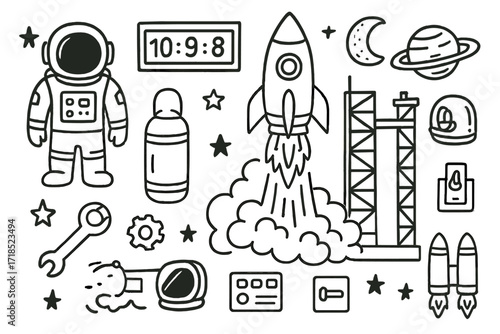 Cartoon Spaceship Launch Icons. Hand-drawn doodle illustration spaceship launch launchpad, rocket flames, smoke clouds, countdown clock, tower, astronaut suit,