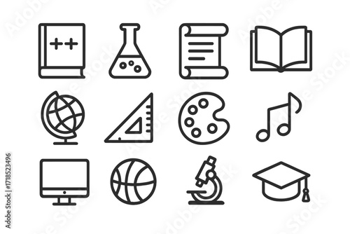 Educational Icon Set. Core education. Line icon set of core education: math book, science flask, history scroll, literature open book, globe, ruler, paint