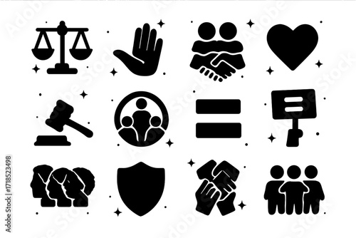 Icons of Fairness. Fairness. Solid icons set of balanced scale, open hand, group of people, handshake, heart, justice hammer, inclusive circle, equality