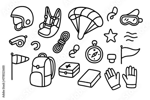 Paragliding Gear Icons. Hand-drawn doodle illustration paragliding safety helmet, harness, parachute, goggles, whistle, rope, compass, star, wind symbol, flag,