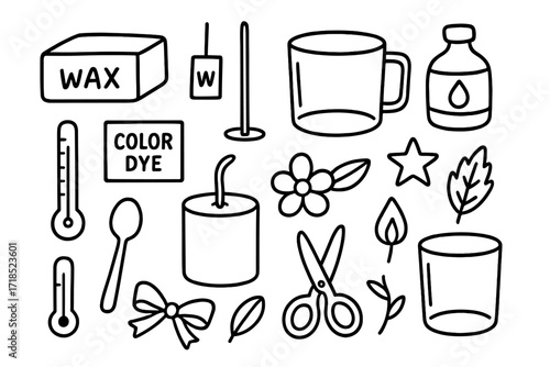 Colorful Candle Doodle Essentials. Hand-drawn doodle illustration Colorful candle creation Wax block, color dye, wick, candle jar, melting pot, fragrance