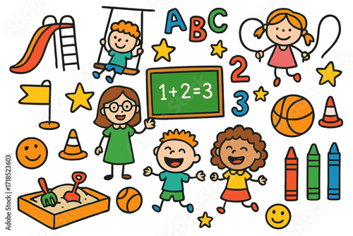 Playground Fun Doodles. Colorful Hand-drawn doodle Children illustration Educational Playground Activities slide, swing, jump rope, ball, chalkboard, numbers,