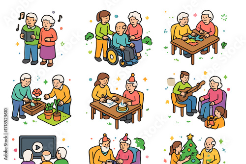 Elderly Care Home Activities. Colorful isometric vector icons set of elderly care home activities: singing together, wheelchair assistance, puzzle time,