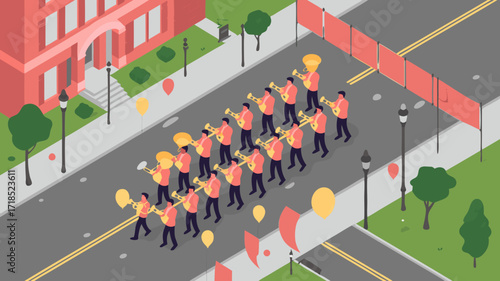 Isometric marching band on parade with balloons and buildings in a celebratory ambiance