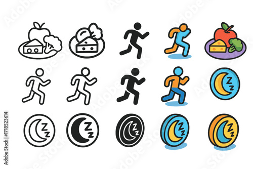 Immune Health Icon Set. Icon Set of Immune Health Support: Balanced diet, Exercise figure, Sleep cycle. Icons set in vector style, emblematic variations.