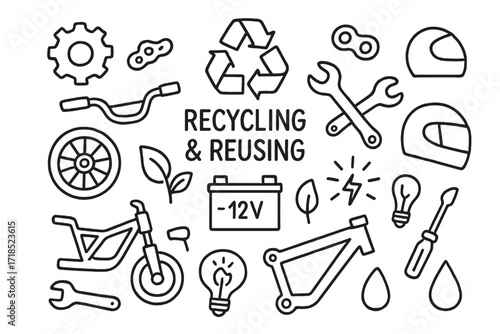 Motorcycle Parts Doodle. Hand-drawn doodle illustration Recycling and reusing motorcycle parts [gear, chain, wheel, helmet, wrench, battery, eco