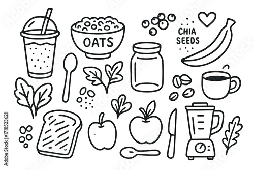 Healthy Breakfast Doodle. Hand-drawn doodle illustration healthy breakfast plant-based smoothie cup, oats bowl, berries, banana, chia seeds, spoon, glass jar,
