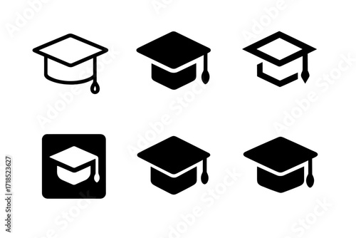 Graduation Cap Logos. Education. Set Logo of Education: Graduation cap. harmonious logo variations of the same emblematic concept, each with different artistic