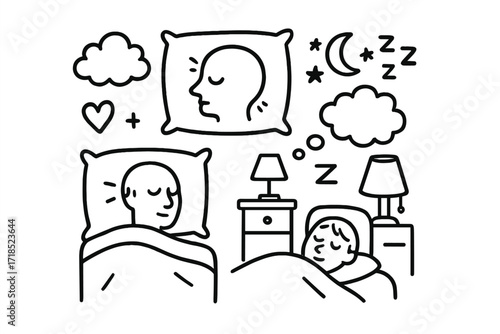 Dreamy Pillow Doodle. Hand-drawn doodle illustration Pillow with an imprint of a person?s head [pillow, head silhouette, sleeping face, closed eyes, blanket,