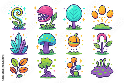 Isometric Alien Plant Icons. Colorful isometric vector icons set of Alien plant life: glowing spiral vine, carnivorous flower, transparent leaf tree, floating