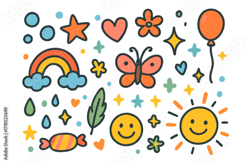 Colorful Playful Doodles. Playful sprinkle. Colorful Hand-drawn doodle Children illustration bubble, droplet, star, heart, sparkle, flower, rainbow, butterfly,