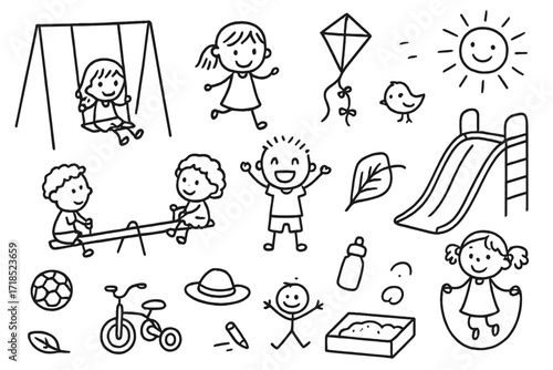 Park Playground Doodle. Hand-drawn doodle illustration Kids playing in the park [swing, seesaw, slide, kite, soccer ball, tricycle, sandbox, chalk drawing,