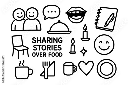 Storytime Over Dinner. Hand-drawn doodle illustration Sharing stories over food friends icon, open mouth, speech bubble, food tray, chair, candlelight,