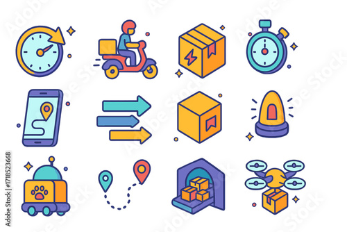 Express Delivery Icons. Colorful isometric vector icons set of express and same-day delivery: clock with fast arrow, motorbike courier, package with lightning