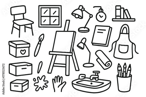 Art Studio Doodle Icons. Hand-drawn doodle illustration art studio chair, easel, lamp, sketchbook, storage box, paintbrush, paper roll, apron, sink, pencil