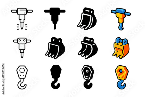 Construction Hazard Icons. Icon Set of Construction Site Hazards: Jackhammer, Excavator claw, Crane hook. Icons set in vector style, emblematic variations.