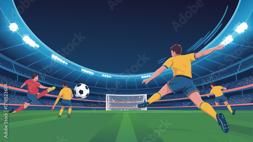 Football Action: Players Kicking in a Stadium Under Bright Lights At Night