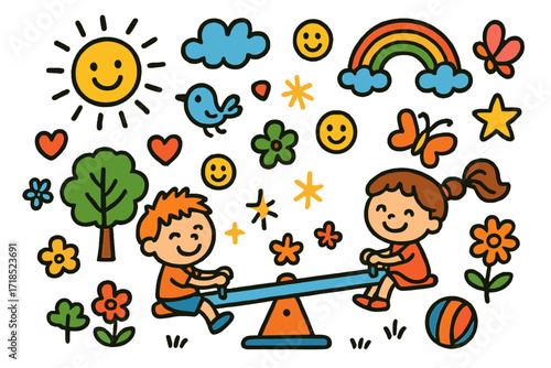 Playful Seesaw Doodle. Colorful Hand-drawn doodle Children illustration Seesaw Seat Fun [seesaw, child, playground, tree, flower, bird, butterfly, heart, star,
