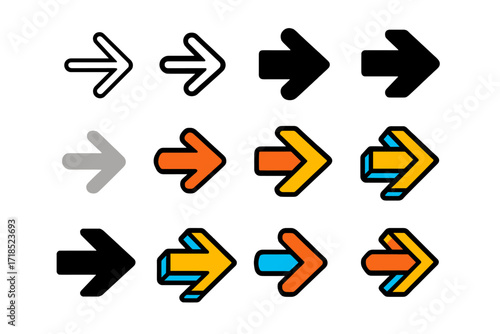 Stylized Arrow Logos. Set Logo of Brand Identity: Stylized arrow. Logo set in vector style, emblematic variations. line, bold thick line, solid black filled,