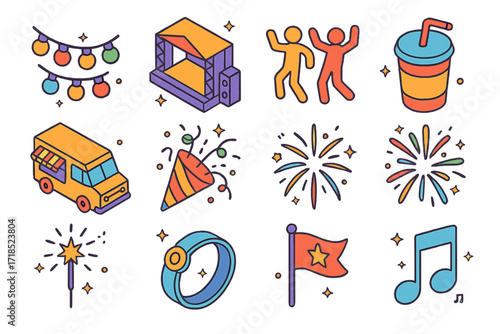 Festival Icons Extravaganza. Colorful isometric vector icons set of Festival and Summer Celebration: string lights, stage with speakers, dancing people icon,