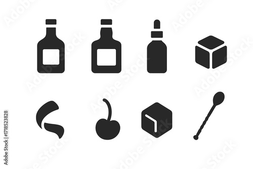 Cocktail Icon Set. Solid, filled icon set of lowball cocktail components: whiskey bottle, bourbon bottle, bitters bottle, sugar cube, orange peel, cherry, ice