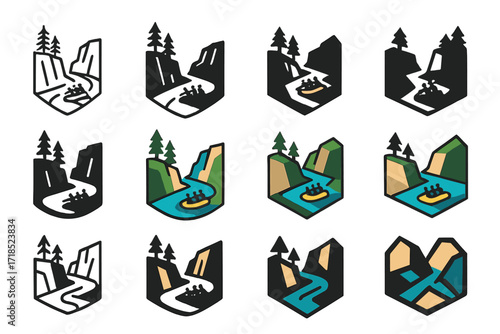 River Rafting Logos. Set Logo of river rafting adventure: cliffside trees and shadows. Logo set in vector style, emblematic variations. line, bold thick line,