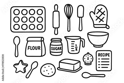 Baking Tool Doodles. Hand-drawn doodle illustration Baking preparation tools [baking tray, rolling pin, whisk, spatula, oven mitt, measuring cup, spoon, flour