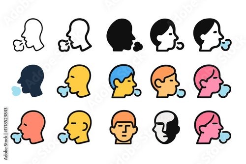 Deep Sigh Logos. Set Logo of Deep Sigh: Exhaling face profile. Logo set in vector style, emblematic variations. line, bold thick line, solid black filled,