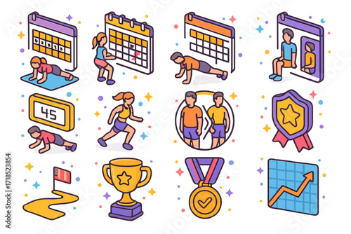 Fitness Challenge Icons. Colorful isometric vector icons set of Fitness Challenge Icons: -day plank chart, squat challenge calendar, push-up tracker, wall sit