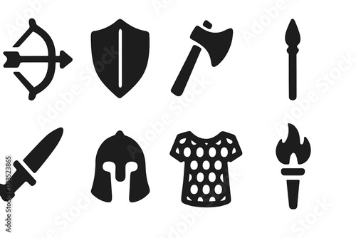 Folklore Weapon Icons. Solid, filled icon set of folklore tools and weapons: bow and arrow, shield, axe, spear, dagger, helmet, chainmail, torch. Solid, filled