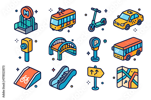 City Transport Icons. Colorful isometric vector icons set of City Transportation Views: subway entrance, tram, electric scooter, taxi cab, crosswalk button,