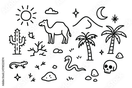 Desert Doodle Composition. Hand-drawn doodle illustration Desert Landscape [cactus, sand dune, camel, sun, palm tree, cracked ground, rock, lizard, snake,