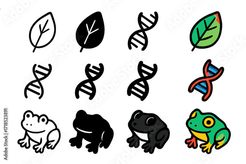 Biology Icon Set. Icon Set of Biology Project: Leaf, DNA helix, Frog. Icons set in vector style, emblematic variations. Leaf line, Leaf solid black filled,