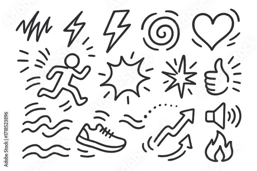 Energetic Doodle Icons. Hand-drawn doodle illustration [buzzing energy and motion] [vibration lines, energy bolt, swirl, heart, running figure, jump icon,